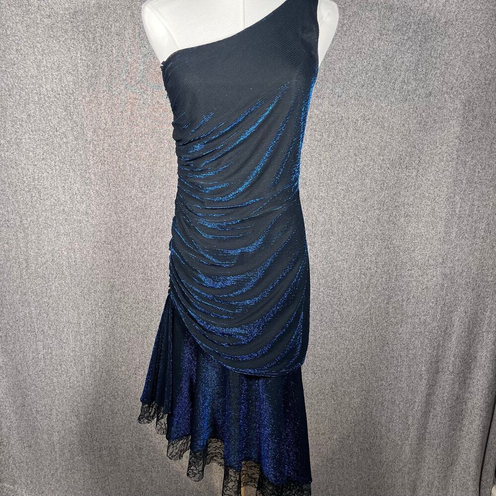 VTG 1980s 90s Womens Asymmetric Whimsygoth Metallic Blue Black Prom Dress Size 5
